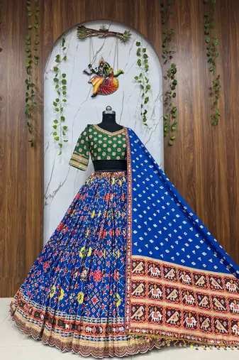 Blue Color digital print,Real Miiror Work With Reniya Cuting border With Drawstring With latkan Cotton Lahenga Choli Set