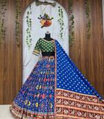 Blue Color digital print,Real Miiror Work With Reniya Cuting border With Drawstring With latkan Cotton Lahenga Choli Set