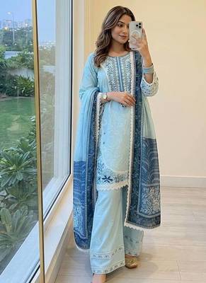 Blue Color Embroidery Work Satin Salwar Suit 1