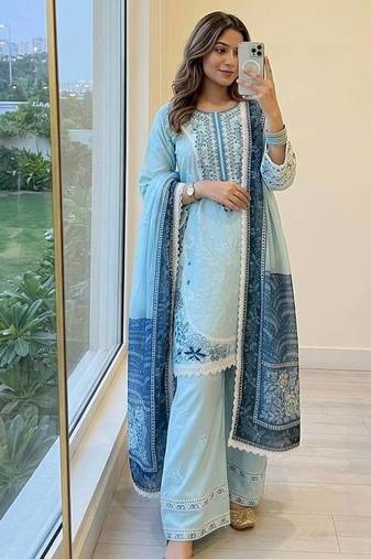 Blue Embroidery Work Satin Salwar Suit