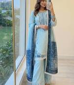 Blue Color Embroidery Work Satin Salwar Suit