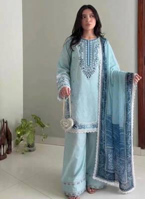 Blue Color Embroidery Work Satin Salwar Suit 3