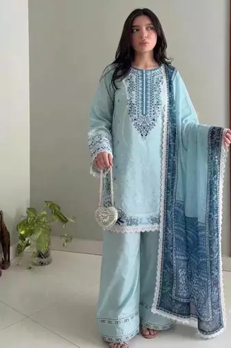 Blue Color Embroidery Work Satin Salwar Suit