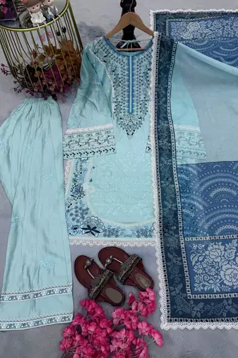 Blue Color Embroidery Work Satin Salwar Suit