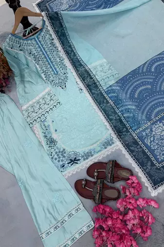 Blue Color Embroidery Work Satin Salwar Suit