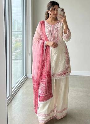 White Color Embroidery Work Satin Salwar Suit 1