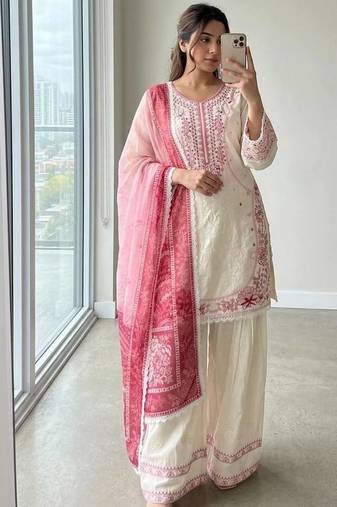 White Color Embroidery Work Satin Salwar Suit