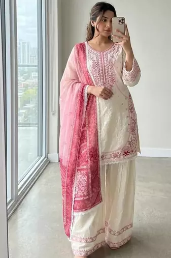 White Color Embroidery Work Satin Salwar Suit