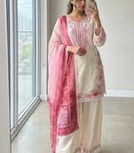 White Color Embroidery Work Satin Salwar Suit