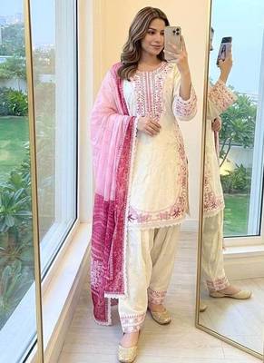 White Color Embroidery Work Satin Salwar Suit 2