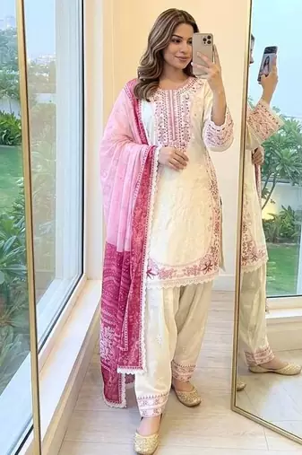 White Color Embroidery Work Satin Salwar Suit