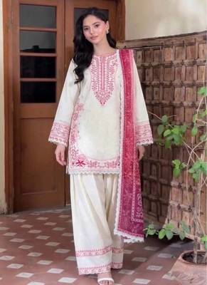 White Color Embroidery Work Satin Salwar Suit 3