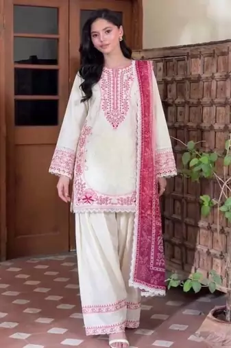 White Color Embroidery Work Satin Salwar Suit