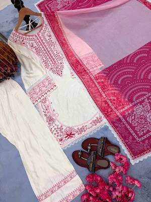 White Color Embroidery Work Satin Salwar Suit 5