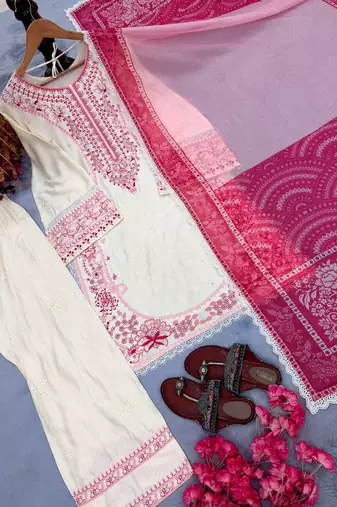 White Color Embroidery Work Satin Salwar Suit