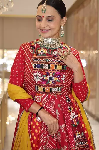 Red digital print & mirror Cotton Lahenga Choli Set 