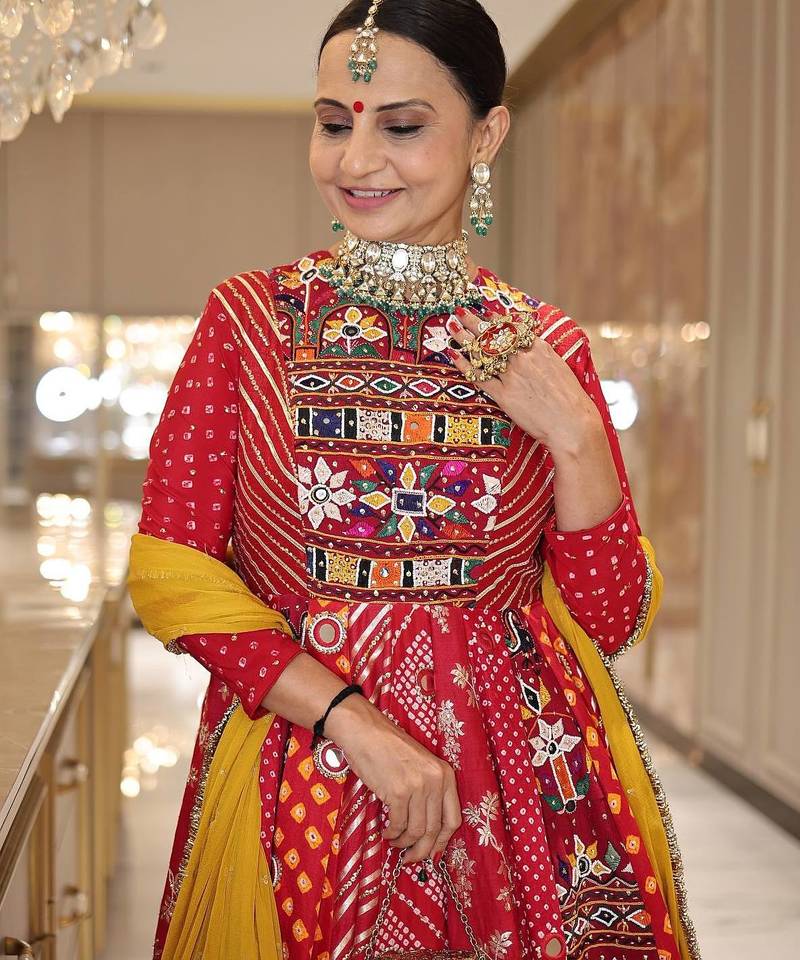 Red digital print & mirror Cotton Lahenga Choli Set 