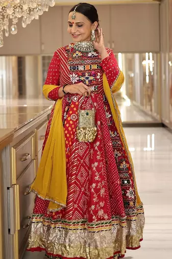 Red digital print & mirror Cotton Lahenga Choli Set 