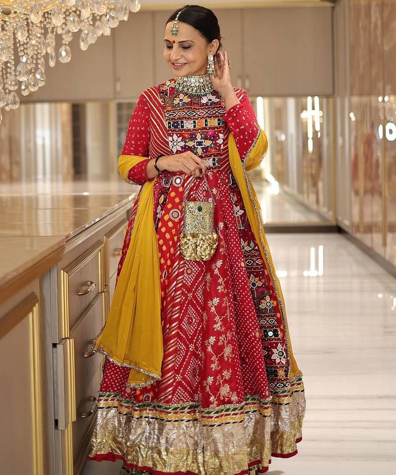 Red digital print & mirror Cotton Lahenga Choli Set 