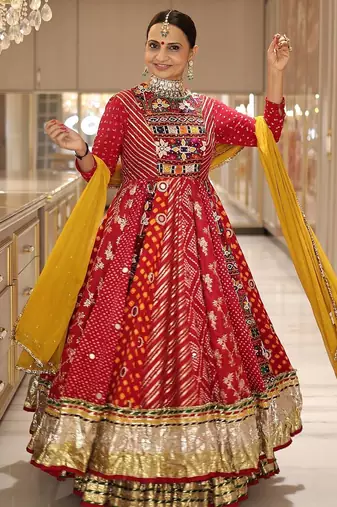 Red digital print & mirror Cotton Lahenga Choli Set 