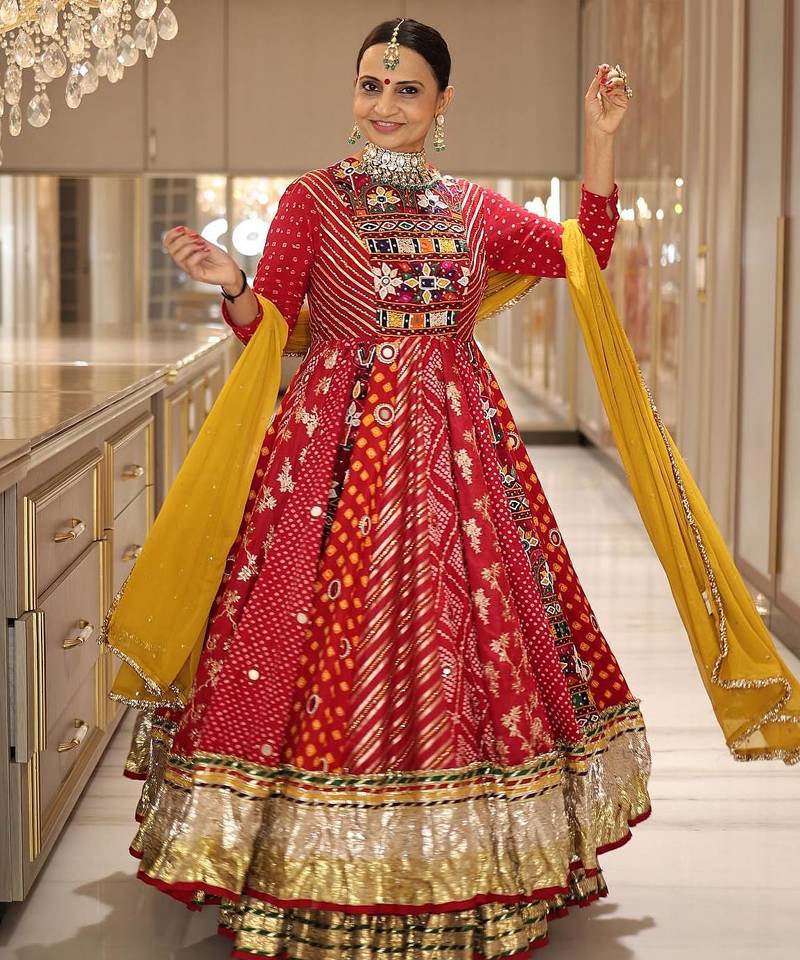 Red digital print & mirror Cotton Lahenga Choli Set 
