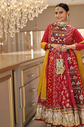Red digital print & mirror Cotton Lahenga Choli Set 