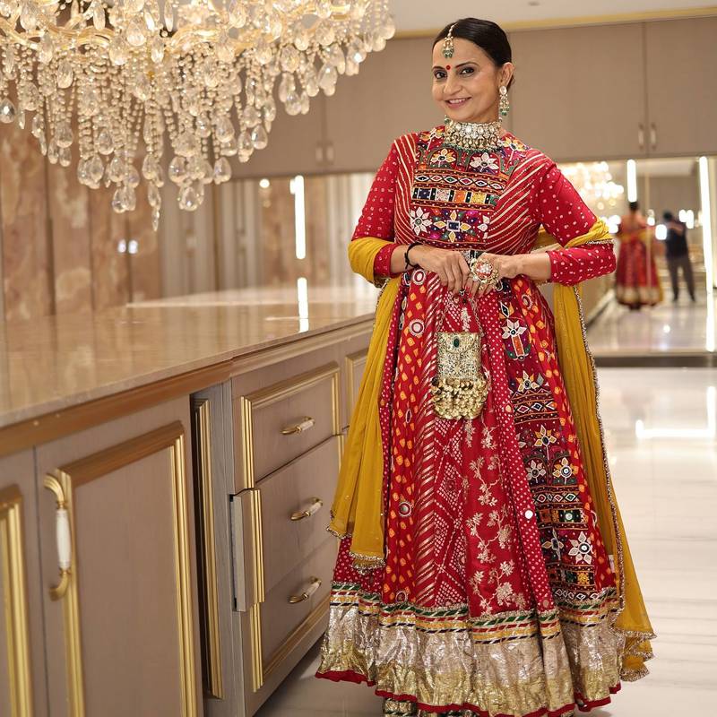 Red digital print & mirror Cotton Lahenga Choli Set 