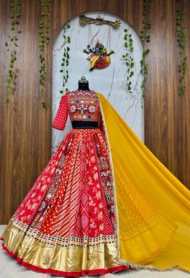 Red digital print & mirror Cotton Lahenga Choli Set  1