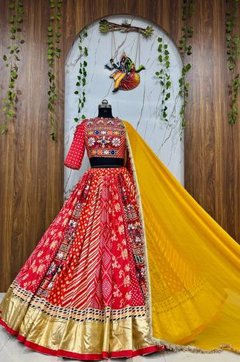 Red digital print & mirror Cotton Lahenga Choli Set 