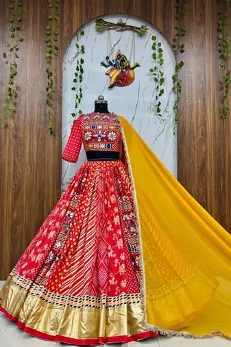 Red digital print & mirror Cotton Lahenga Choli Set 