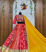 Red digital print & mirror Cotton Lahenga Choli Set 