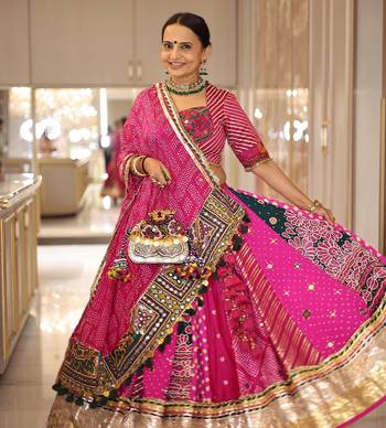 Rani Pink digital print mirror With lampi lace in border Cotton Lahenga Choli Set 2