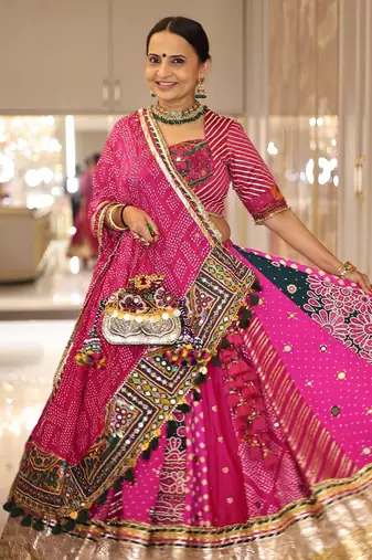 Rani Pink digital print mirror With lampi lace in border Cotton Lahenga Choli Set