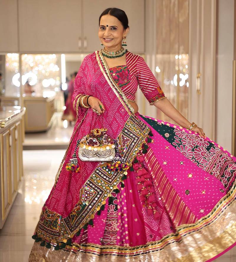 Rani Pink digital print mirror With lampi lace in border Cotton Lahenga Choli Set
