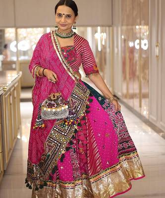 Rani Pink digital print mirror With lampi lace in border Cotton Lahenga Choli Set 3