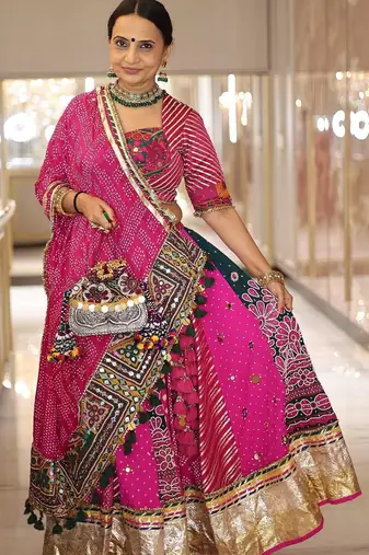 Rani Pink digital print mirror With lampi lace in border Cotton Lahenga Choli Set