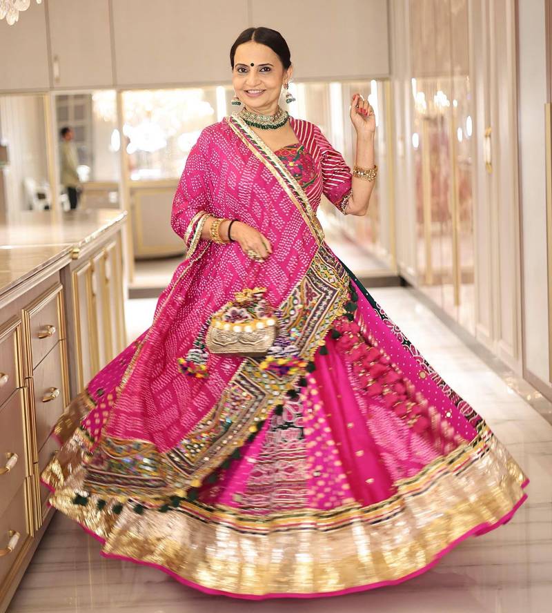 Rani Pink digital print mirror With lampi lace in border Cotton Lahenga Choli Set