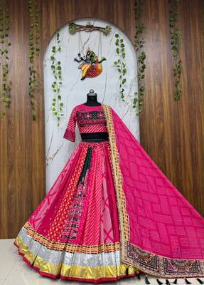 Rani Pink digital print mirror With lampi lace in border Cotton Lahenga Choli Set 1