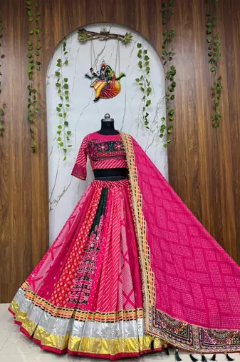 Rani Pink digital print mirror With lampi lace in border Cotton Lahenga Choli Set