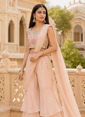 peach pink ready-to-wear palazzo saree with floral embroidered stitched blouse and ready belt 1