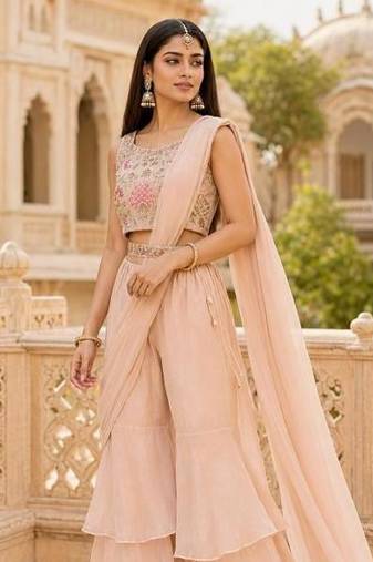 peach pink ready-to-wear palazzo saree with floral embroidered stitched blouse and ready belt