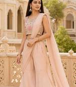 peach pink ready-to-wear palazzo saree with floral embroidered stitched blouse and ready belt