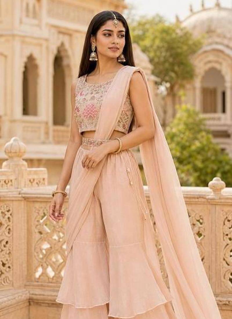 peach pink ready-to-wear palazzo saree with floral embroidered stitched blouse and ready belt