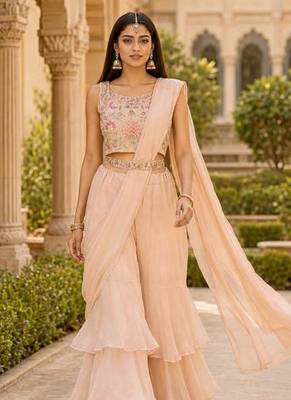 peach pink ready-to-wear palazzo saree with floral embroidered stitched blouse and ready belt 2