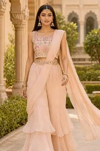 peach pink ready-to-wear palazzo saree with floral embroidered stitched blouse and ready belt