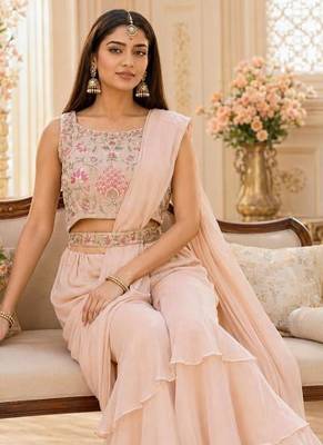 peach pink ready-to-wear palazzo saree with floral embroidered stitched blouse and ready belt 3