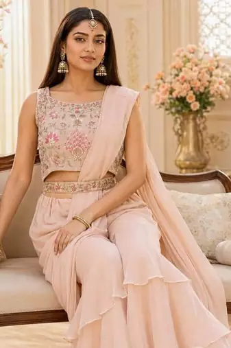 peach pink ready-to-wear palazzo saree with floral embroidered stitched blouse and ready belt