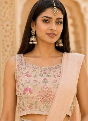 peach pink ready-to-wear palazzo saree with floral embroidered stitched blouse and ready belt 4