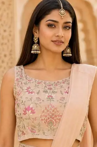 peach pink ready-to-wear palazzo saree with floral embroidered stitched blouse and ready belt