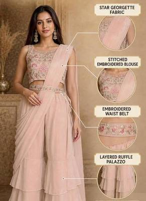 peach pink ready-to-wear palazzo saree with floral embroidered stitched blouse and ready belt 5